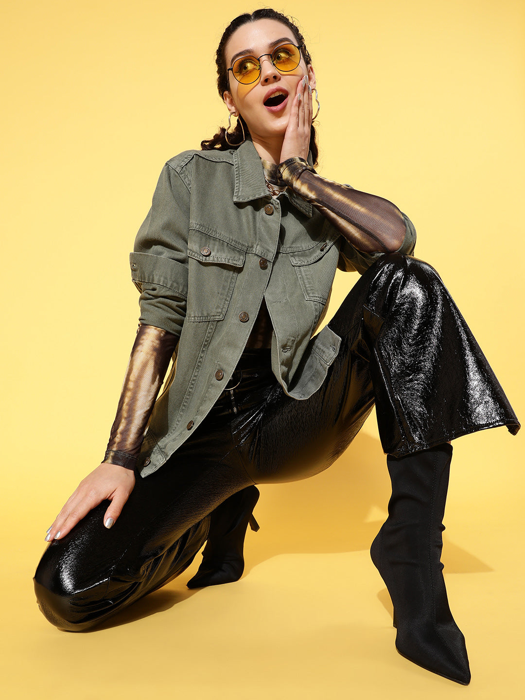 Women Olive Solid Denim Jacket