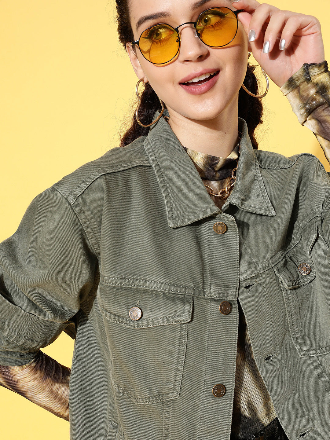 Women Olive Solid Denim Jacket