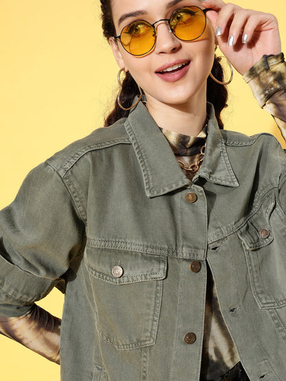 Women Olive Solid Denim Jacket