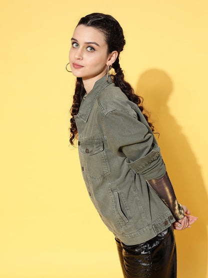 Women Olive Solid Denim Jacket