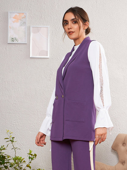 Purple Double-Breast Sleeveless Longline Blazer