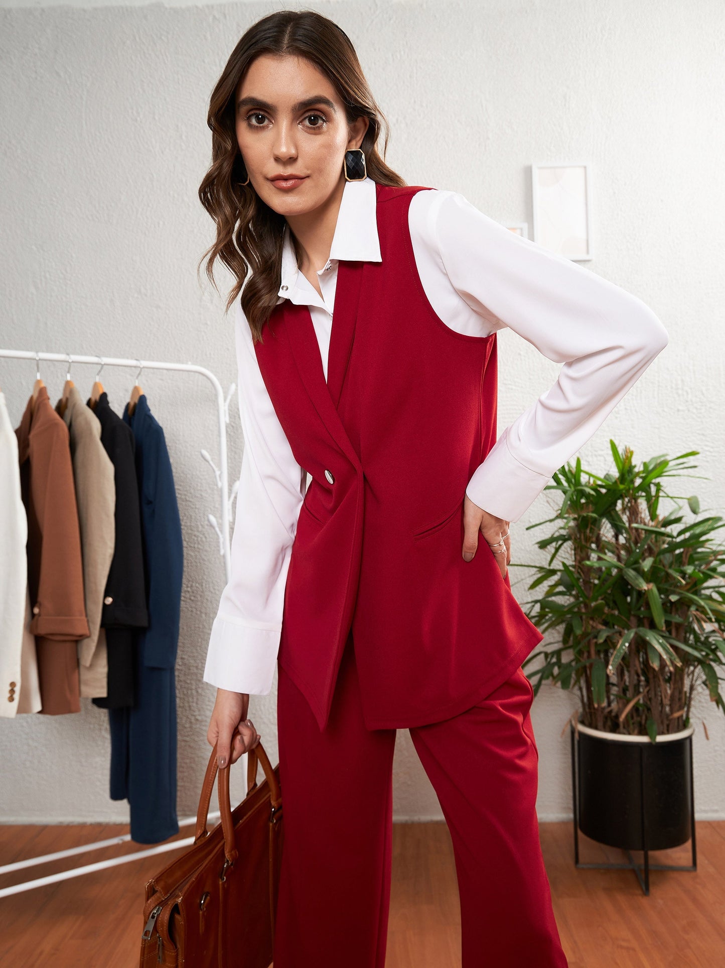 Red Double-Breast Sleeveless Longline Blazer