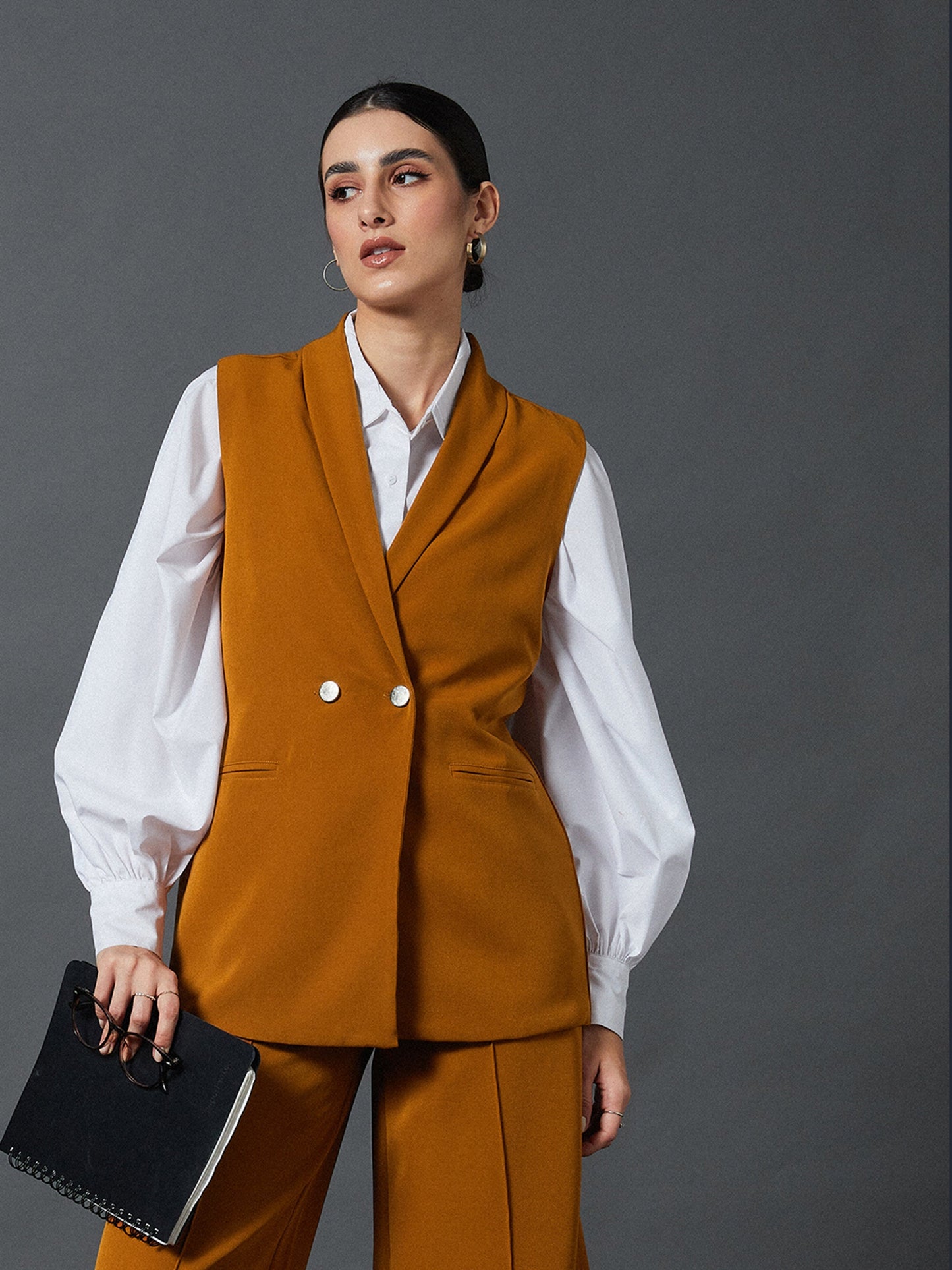 Mustard Double-Breast Sleeveless Longline Blazer