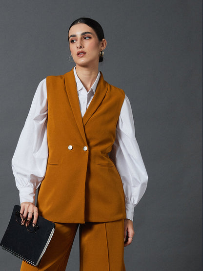 Mustard Double-Breast Sleeveless Longline Blazer