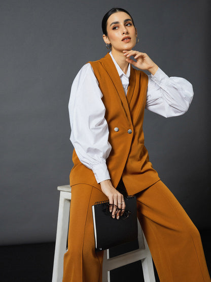 Mustard Double-Breast Sleeveless Longline Blazer