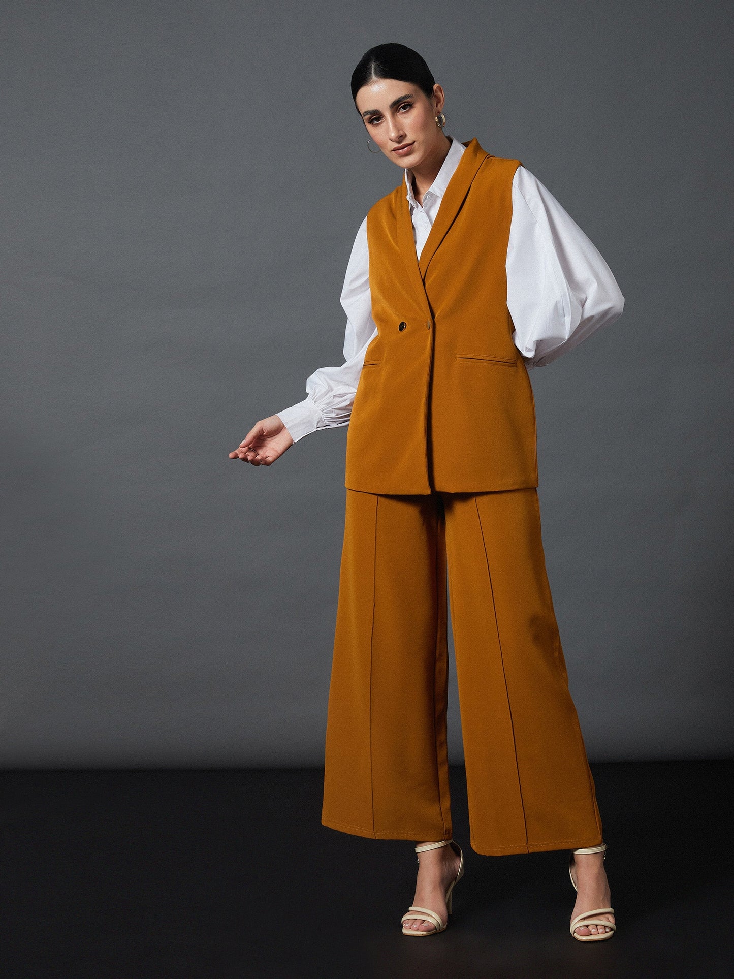 Mustard Double-Breast Sleeveless Longline Blazer