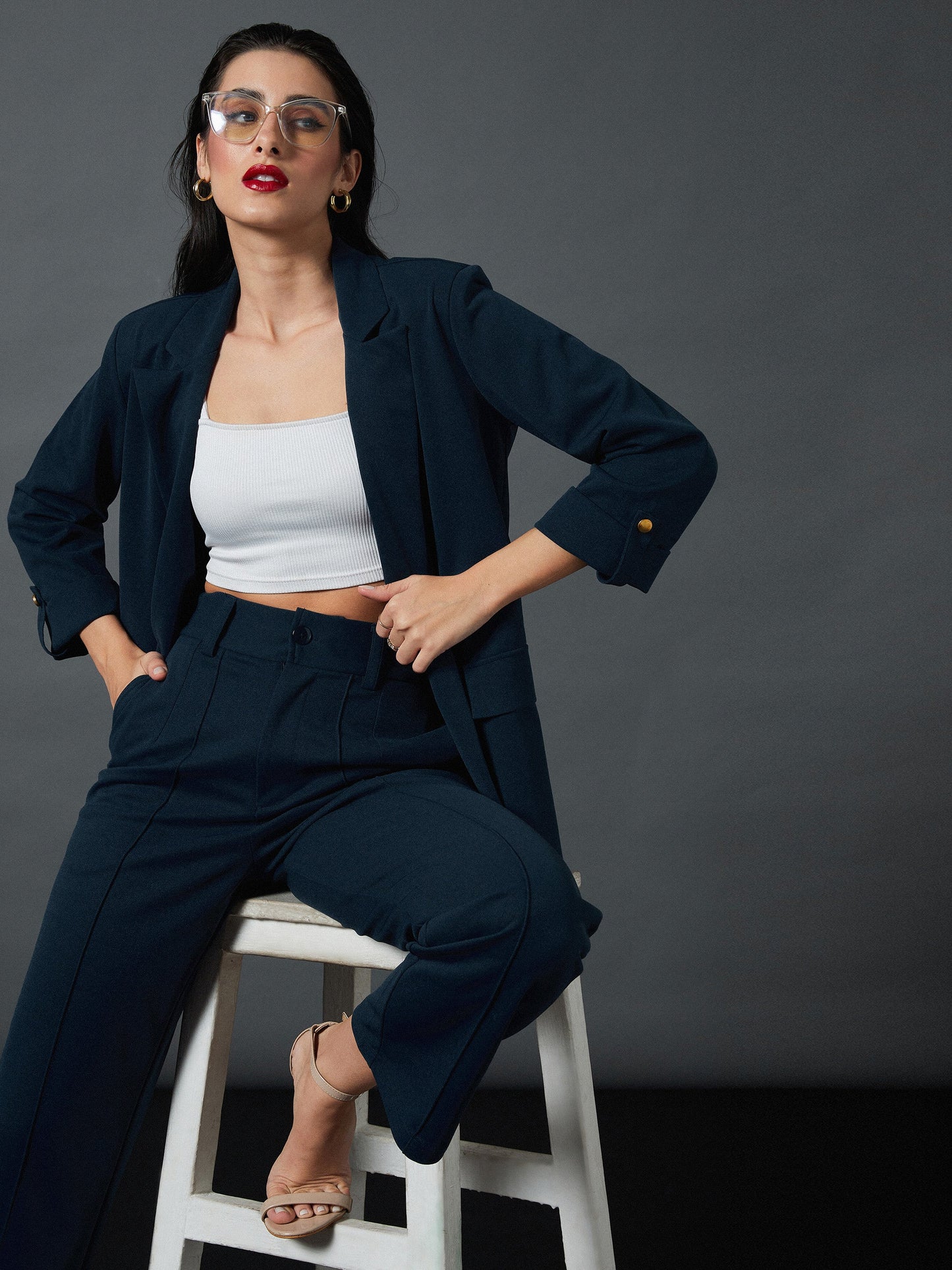 Airforce Blue Longline Front Open Blazer