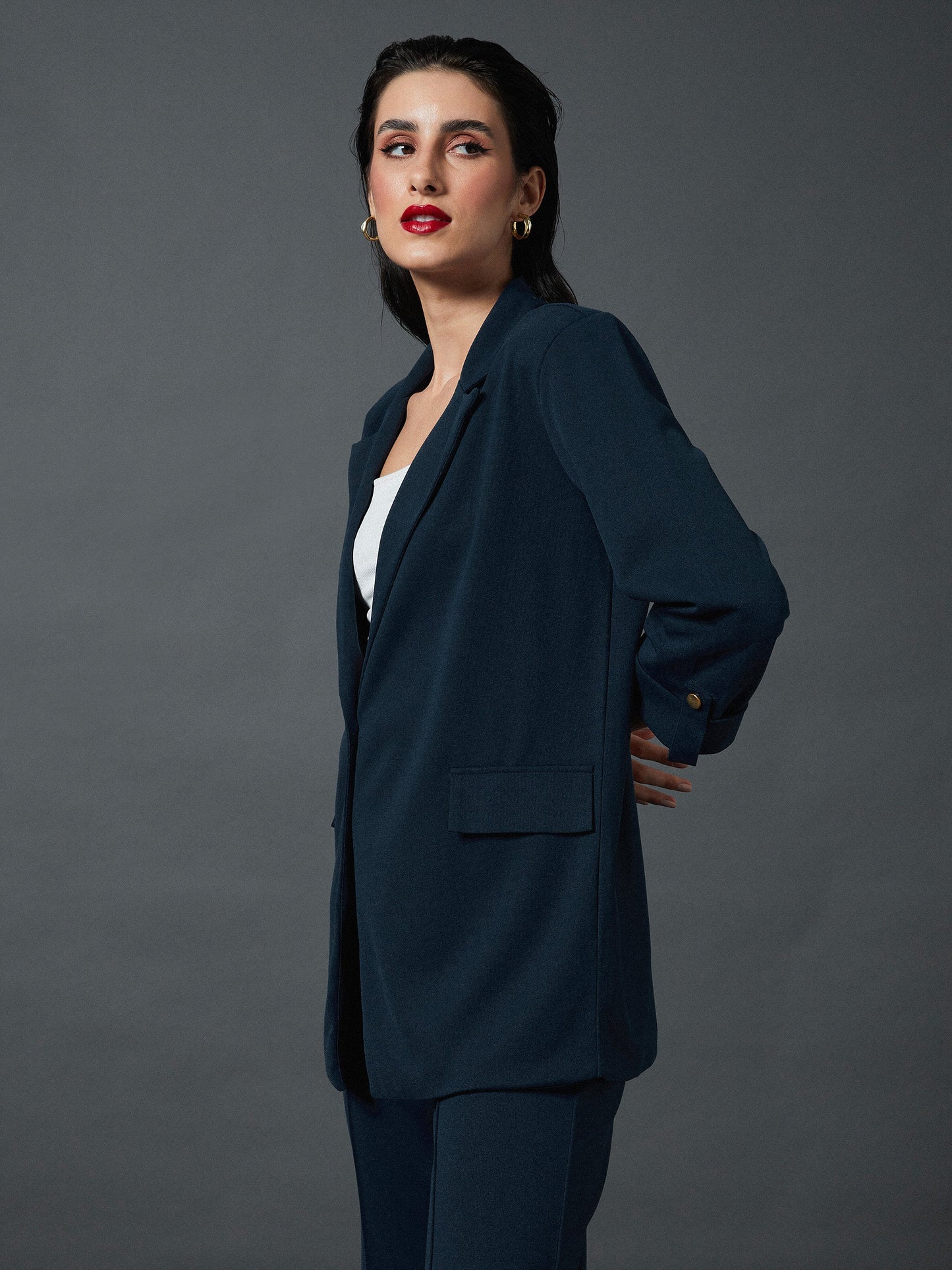 Airforce Blue Longline Front Open Blazer