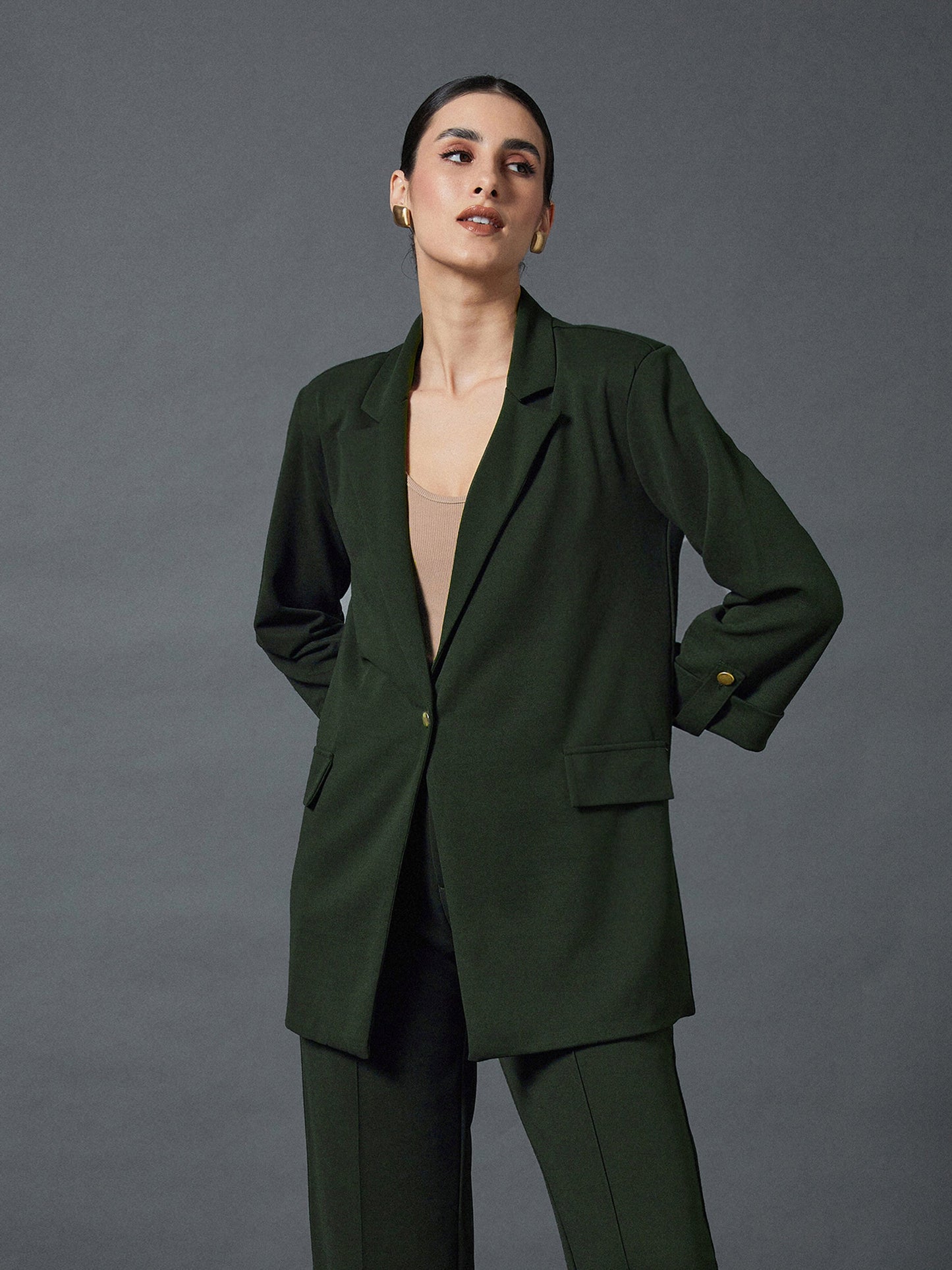 Olive Longline Front Open Blazer