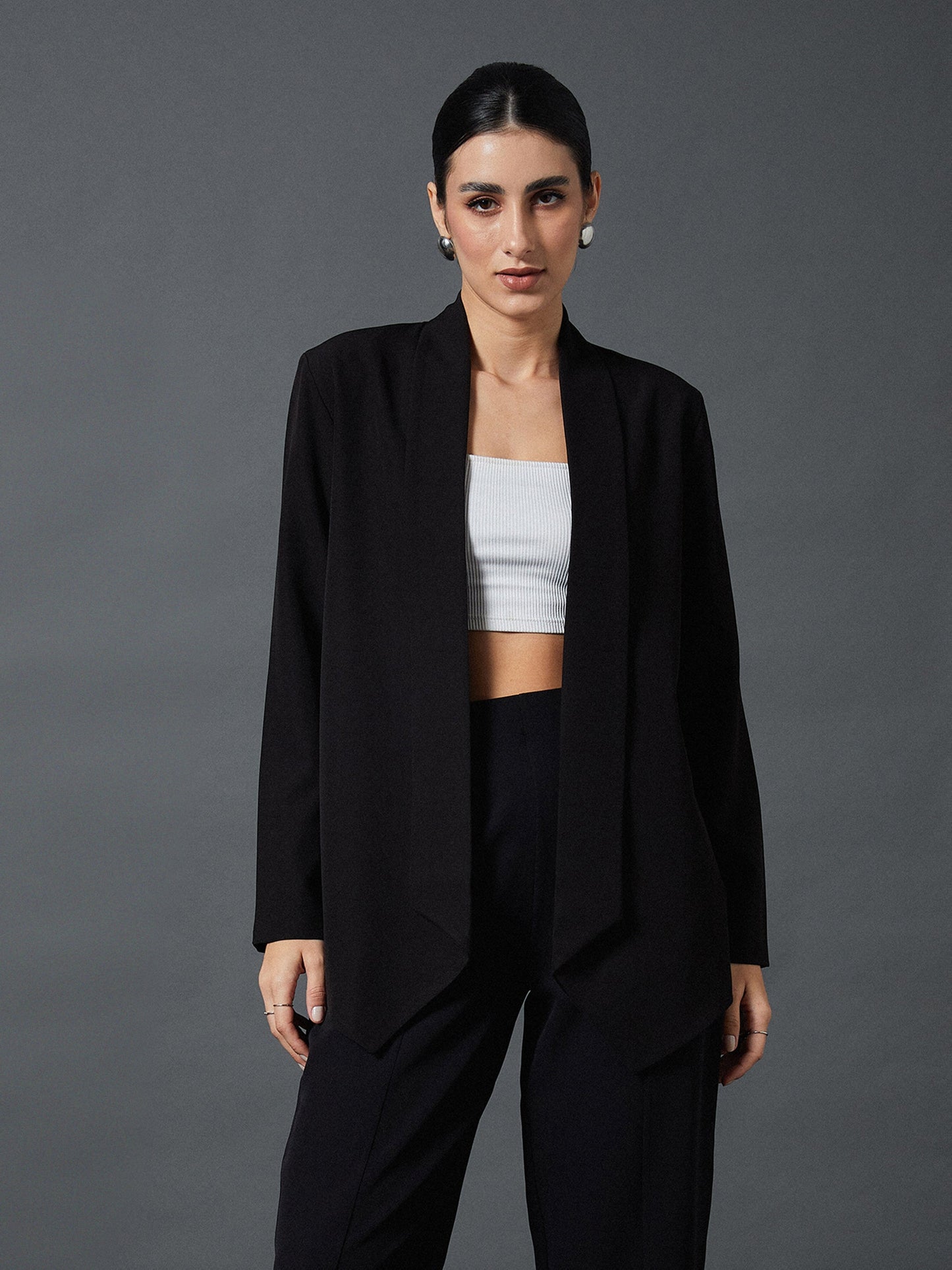 Women Black Shawl Collar Front Open Blazer