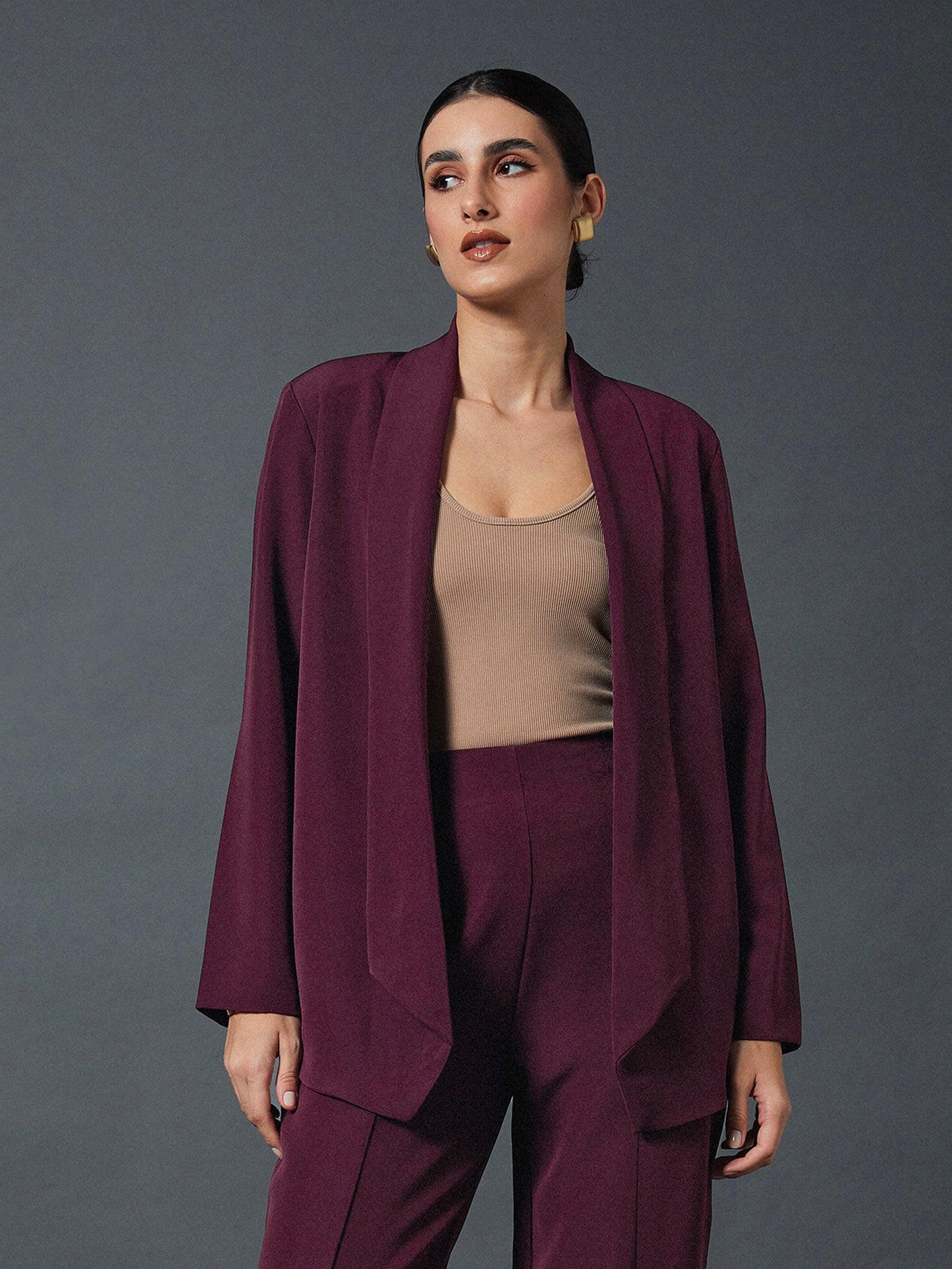 Maroon Shawl Collar Front Open Blazer