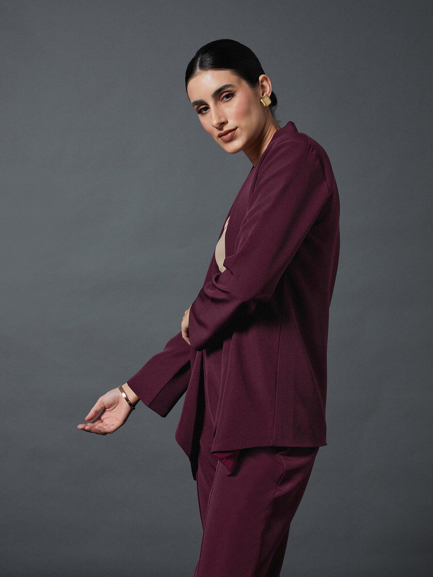 Maroon Shawl Collar Front Open Blazer