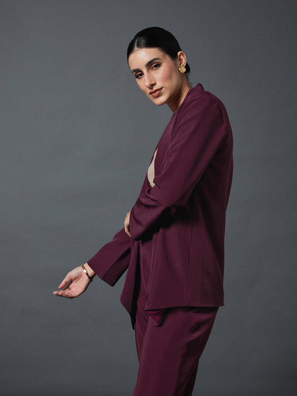 Maroon Shawl Collar Front Open Blazer