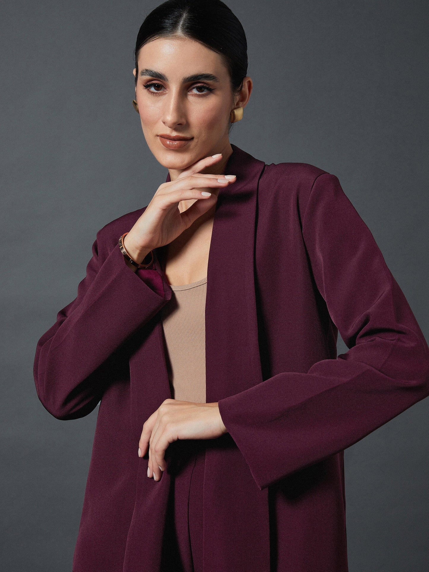 Maroon Shawl Collar Front Open Blazer