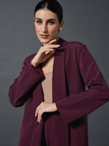 Maroon Shawl Collar Front Open Blazer