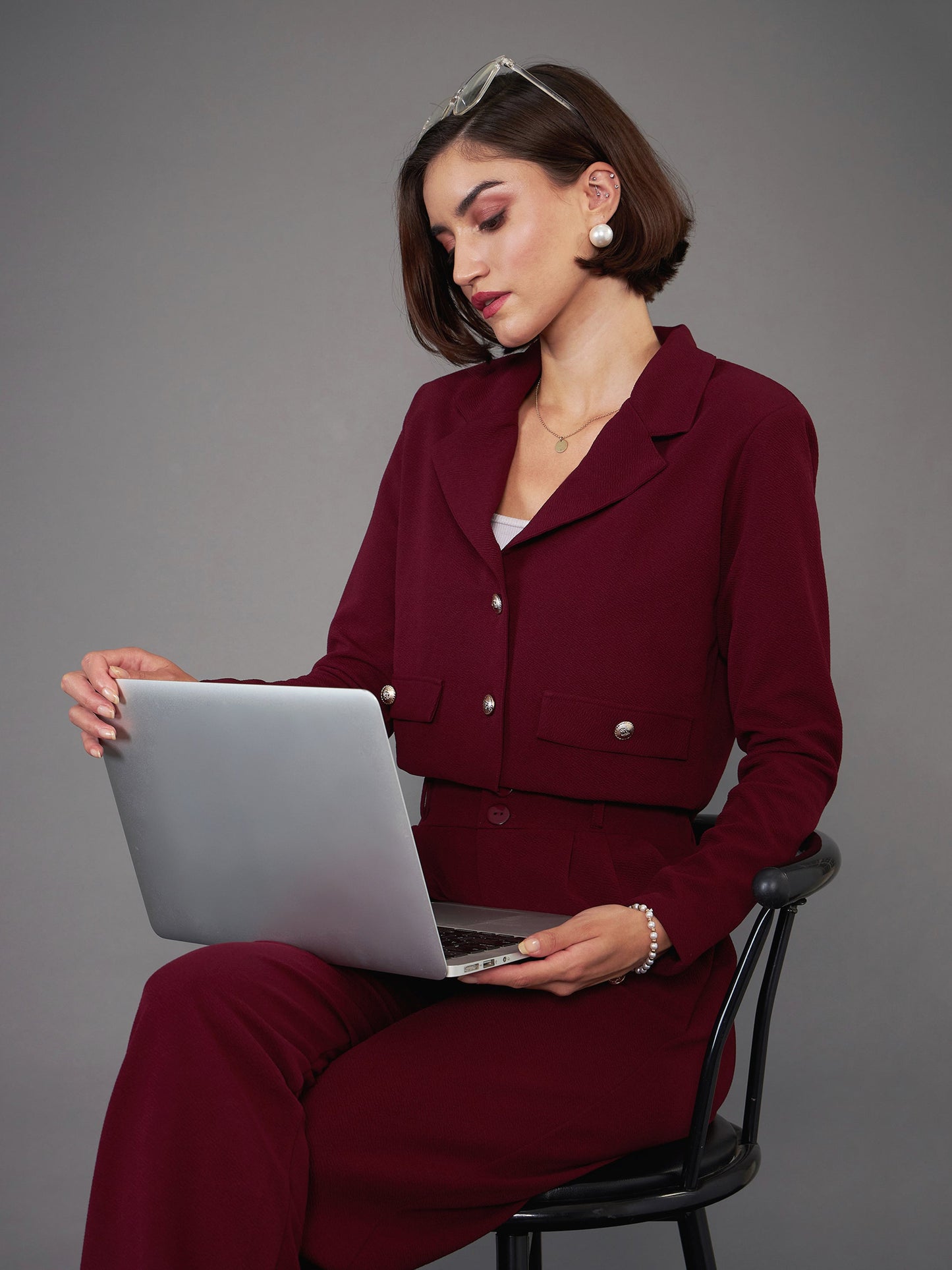 Burgundy Notch Collar Crop Blazer