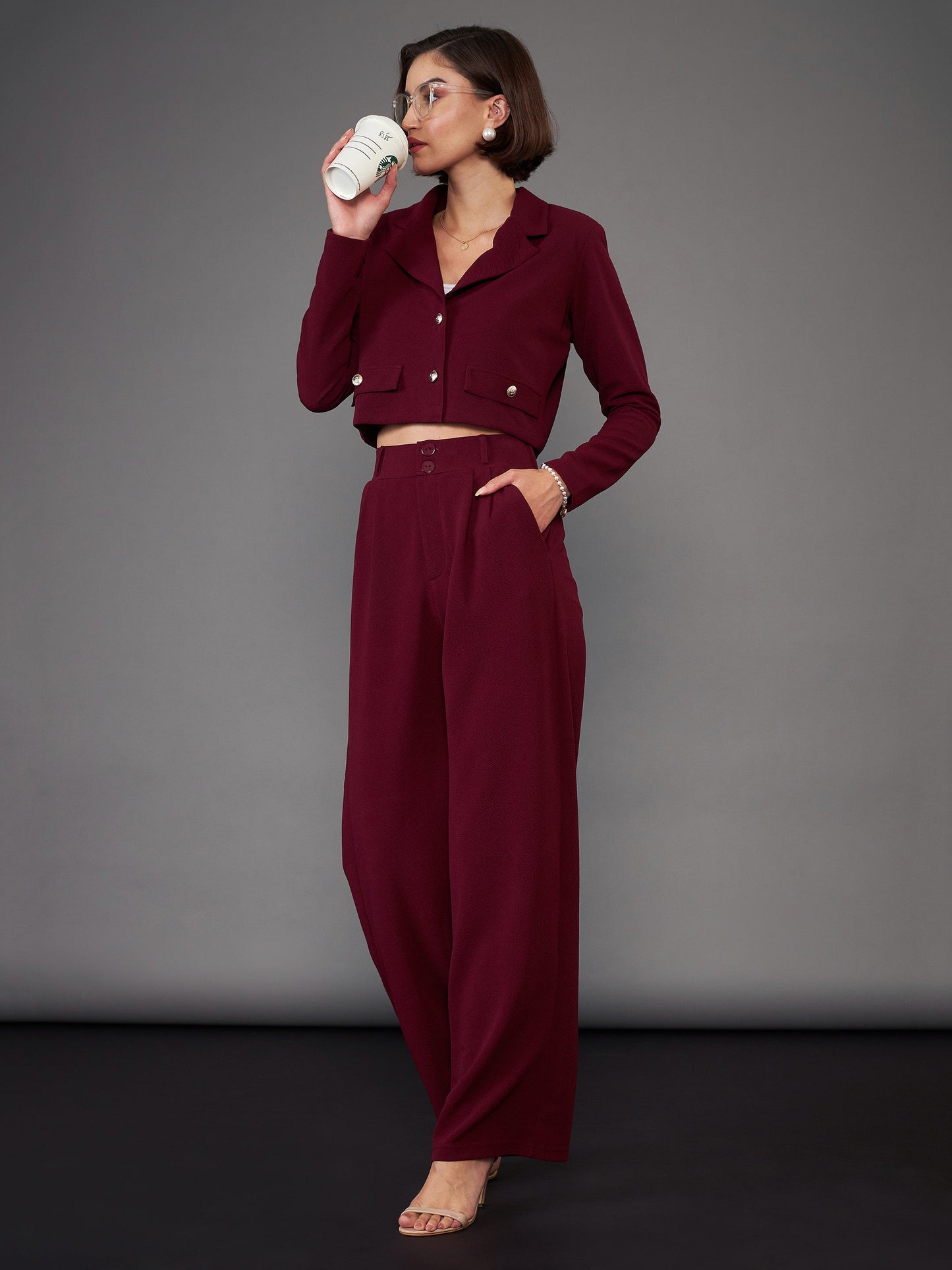 Burgundy Notch Collar Crop Blazer