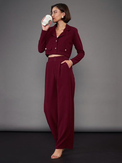 Burgundy Notch Collar Crop Blazer