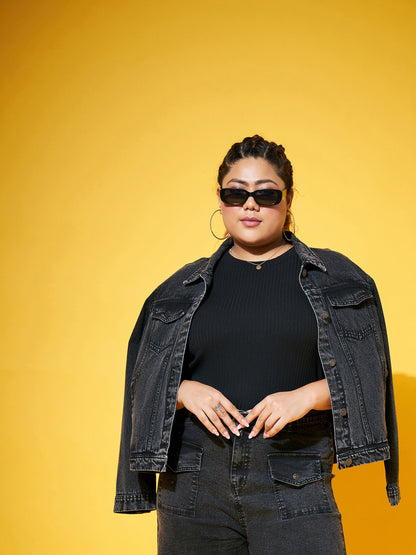 Plus size women's Black Denim Black Acid Washed Basic Denim Jacket by Sassafras Curve for wholesale buyers, boutiques, resellers and bulk orders from