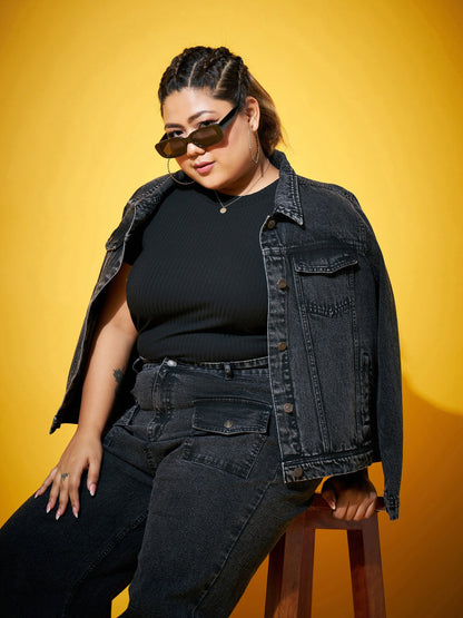 Black Acid Washed Basic Denim Jacket-SASSAFRAS Curve
