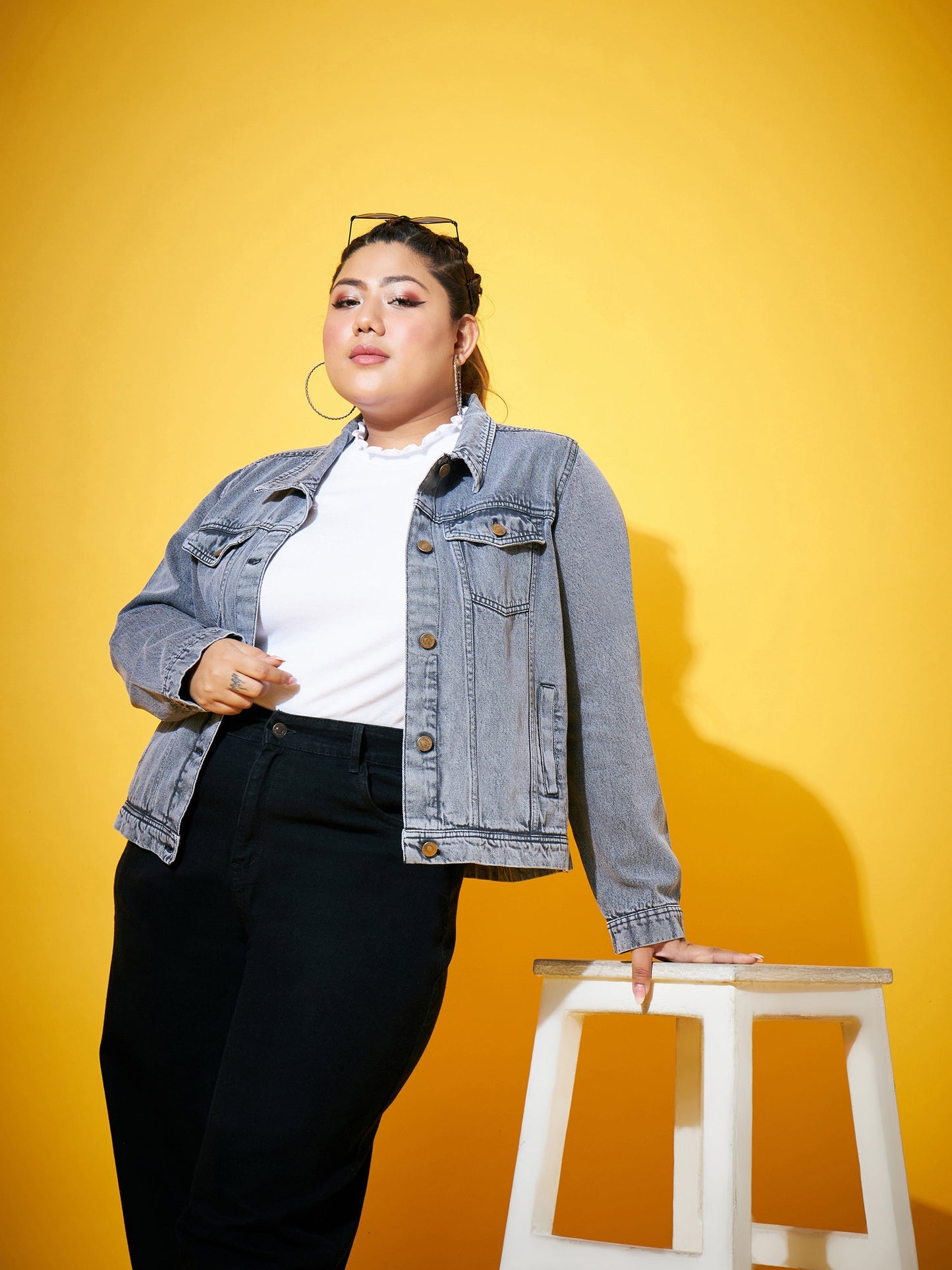 Plus size women's Grey Denim Grey Acid Washed Basic Denim Jacket by Sassafras Curve for wholesale buyers, boutiques, resellers and bulk orders from