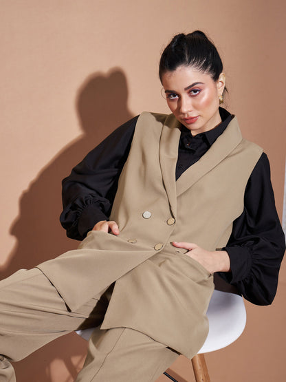 Beige Show Pocket Sleeveless Longline Blazer