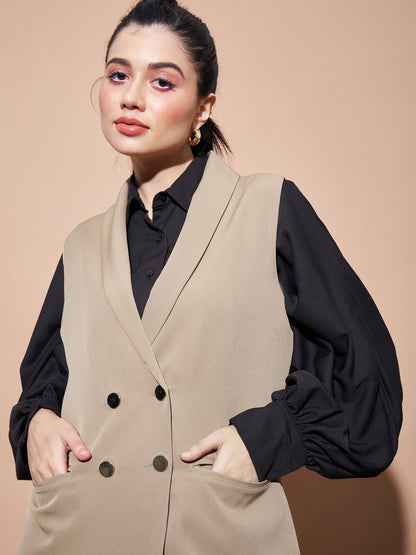Beige Show Pocket Sleeveless Longline Blazer