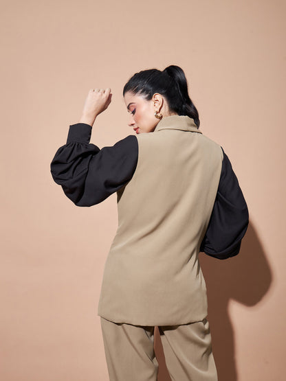 Beige Show Pocket Sleeveless Longline Blazer