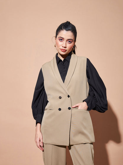 Beige Show Pocket Sleeveless Longline Blazer