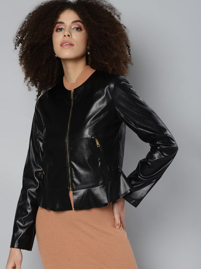 Black PU Frill Hem Jacket