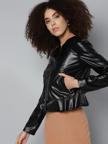 Black PU Frill Hem Jacket