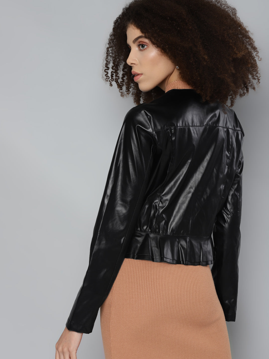 Black PU Frill Hem Jacket
