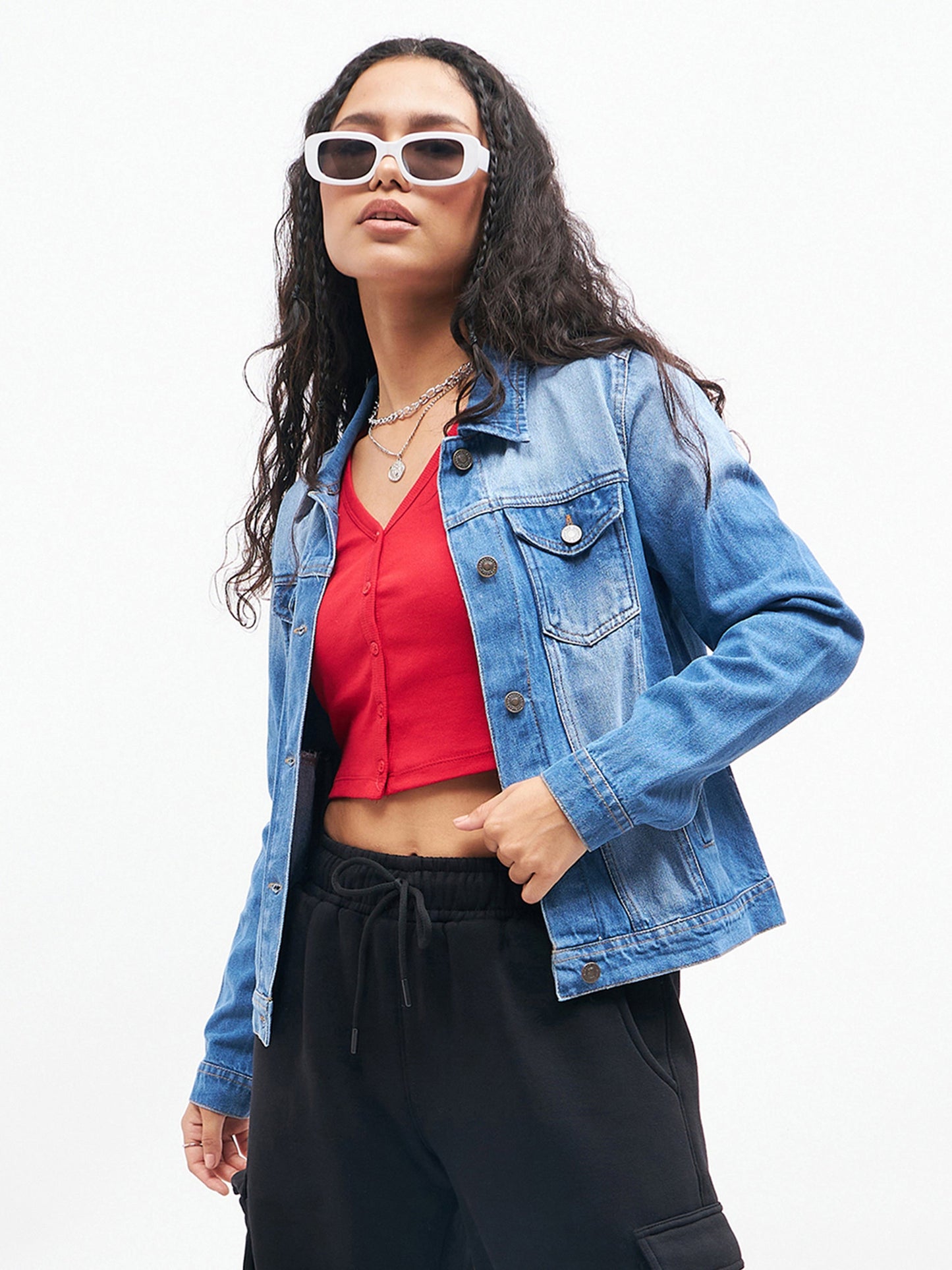 Women Blue Basic Denim Regular Jacket