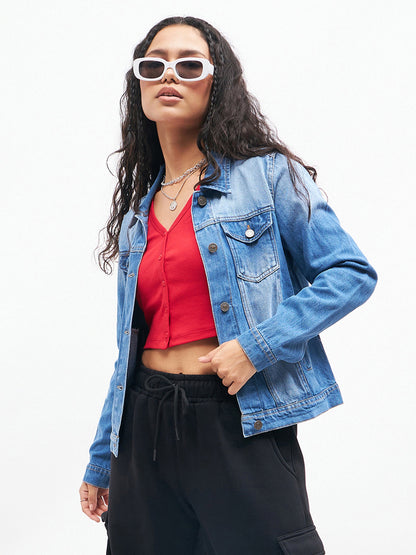 Women Blue Basic Denim Regular Jacket