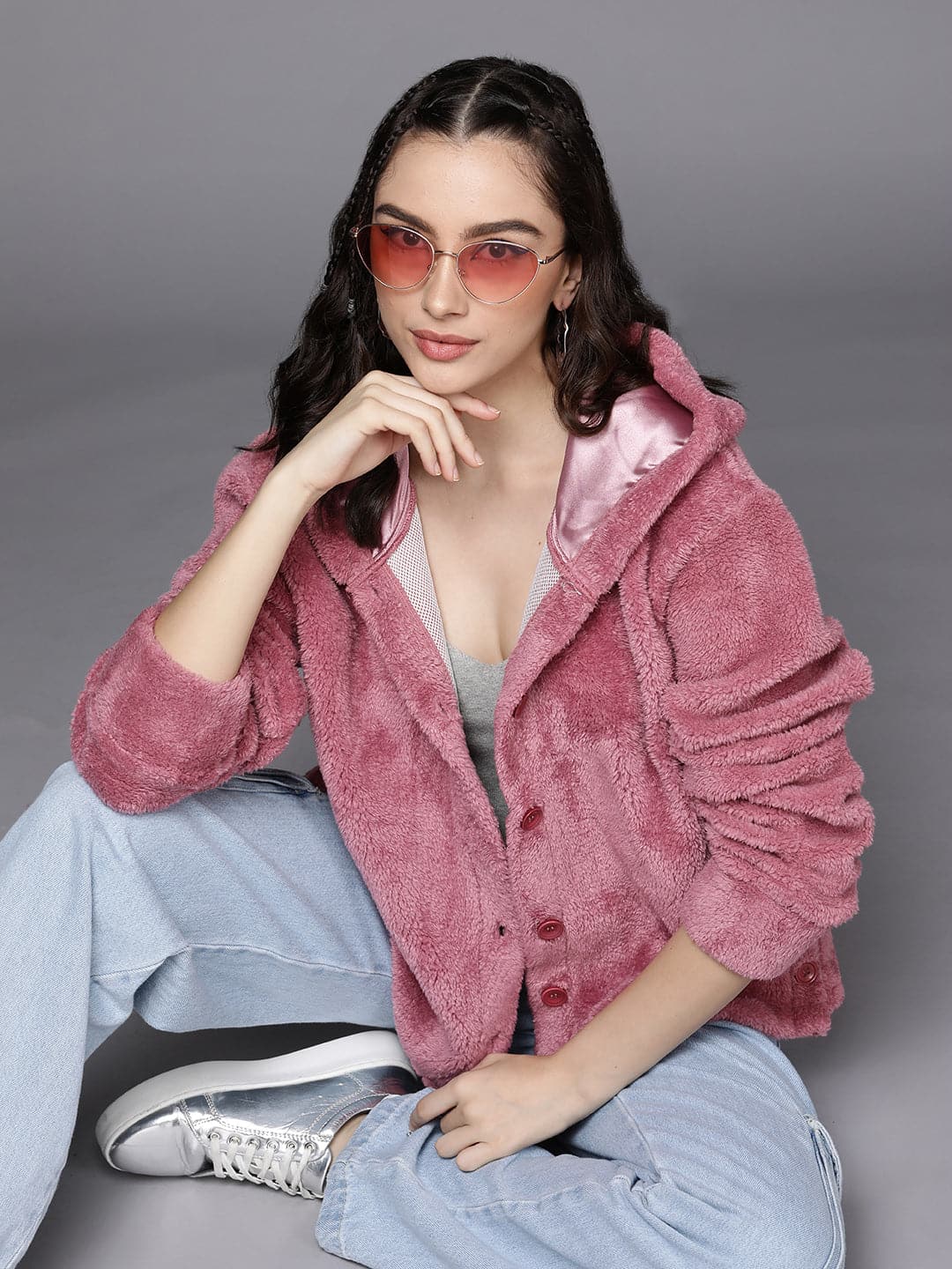 Women's Women Pink Faux Fur Front Button Hooded Jacket in Polyester by Sassafras for wholesale, bulk, supplier, manufacturer and wholesaler buyers from Trendphoria