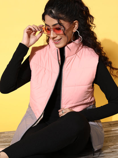Light Pink & Grey ColorBlock Quilted Sleeveless Jacket