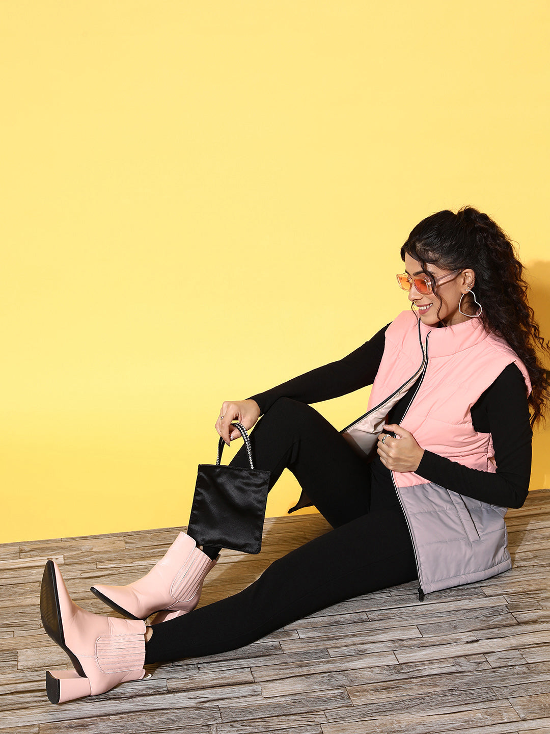 Light Pink & Grey ColorBlock Quilted Sleeveless Jacket