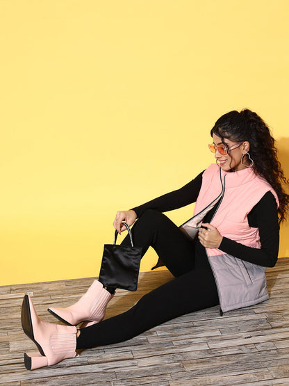 Light Pink & Grey ColorBlock Quilted Sleeveless Jacket