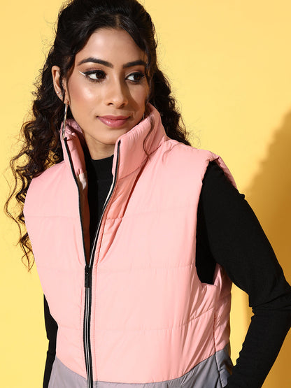 Light Pink & Grey ColorBlock Quilted Sleeveless Jacket