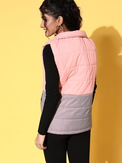 Light Pink & Grey ColorBlock Quilted Sleeveless Jacket