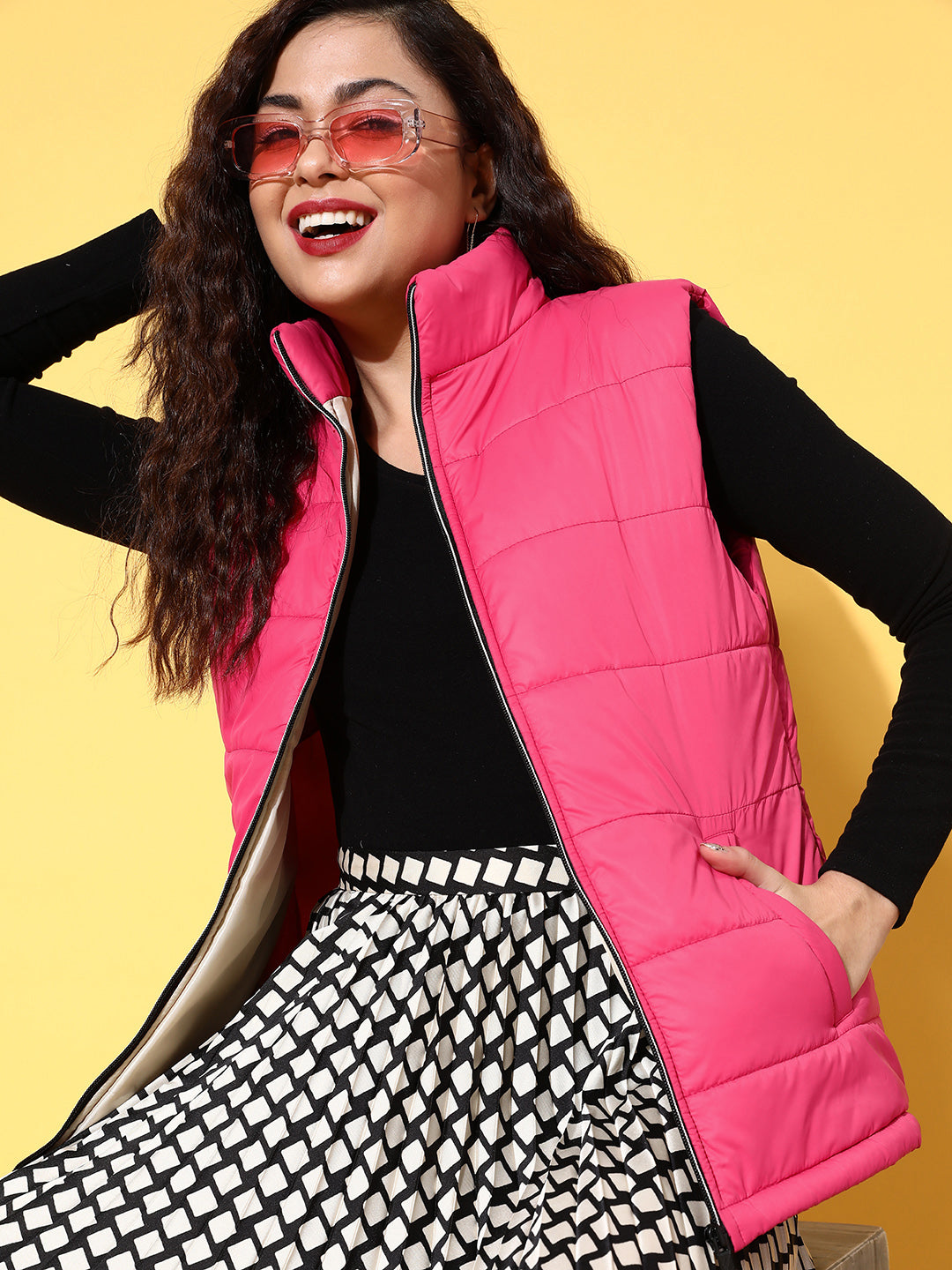 Fuchsia Quilted Sleeveless Puffer Jacket