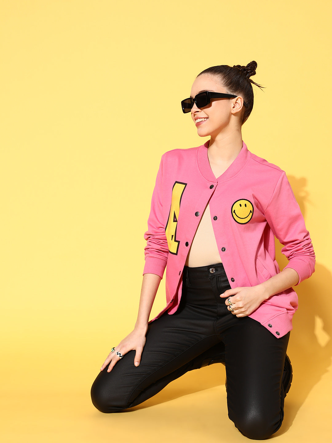 Pink Terry Smiley Patch Printed Varsity Jacket