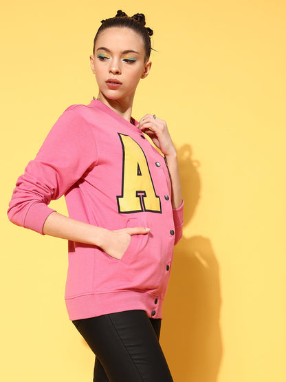 Pink Terry Smiley Patch Printed Varsity Jacket
