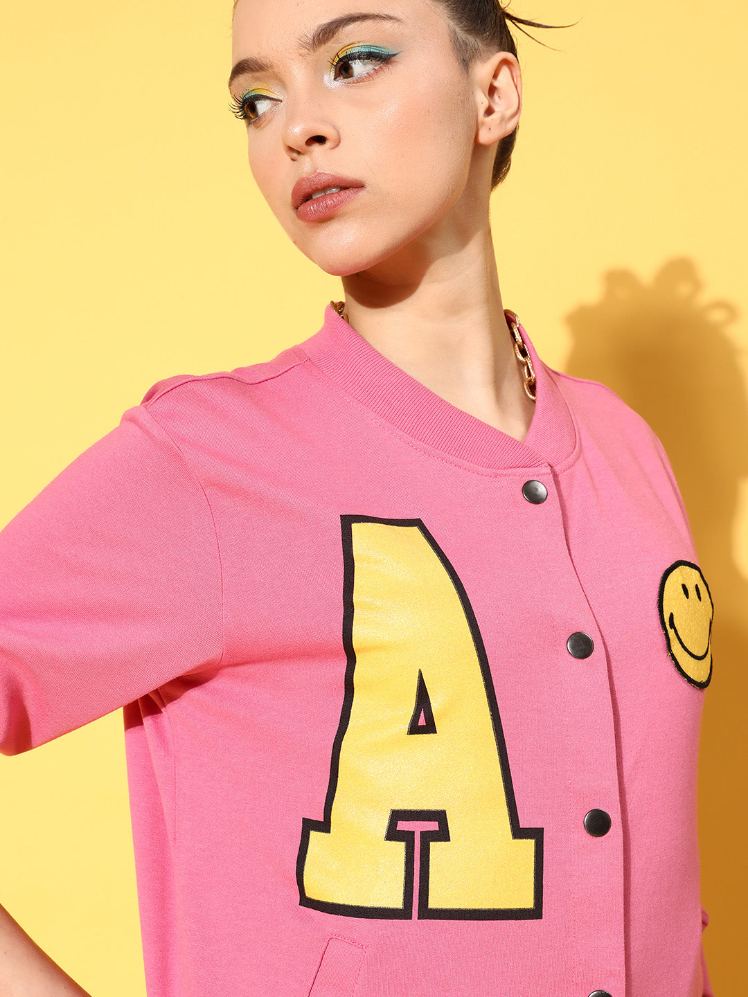 Pink Terry Smiley Patch Printed Varsity Jacket