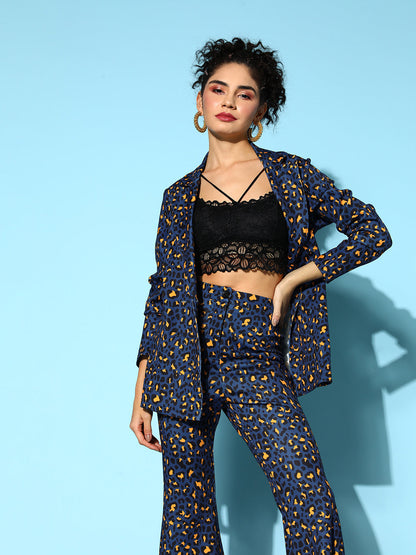 Navy Cheetah Scuba Double Breasted Blazer