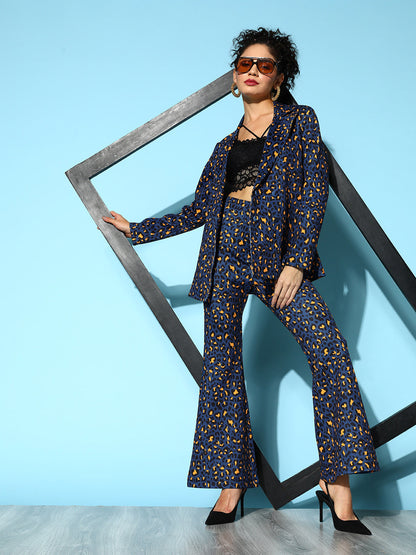 Navy Cheetah Scuba Double Breasted Blazer