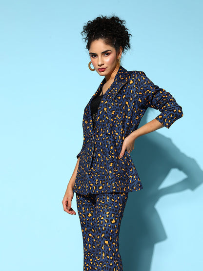 Navy Cheetah Scuba Double Breasted Blazer