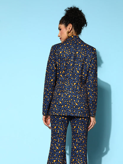 Navy Cheetah Scuba Double Breasted Blazer