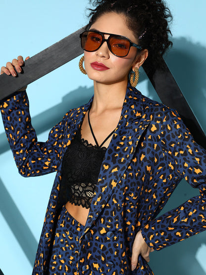 Navy Cheetah Scuba Double Breasted Blazer