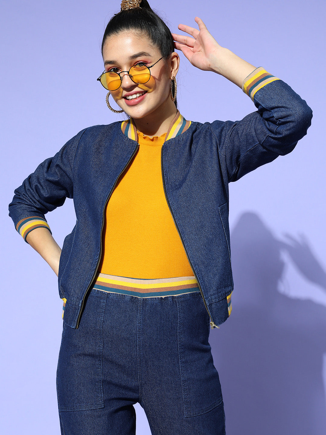 Navy Denim Striped Rib Bomber Jacket